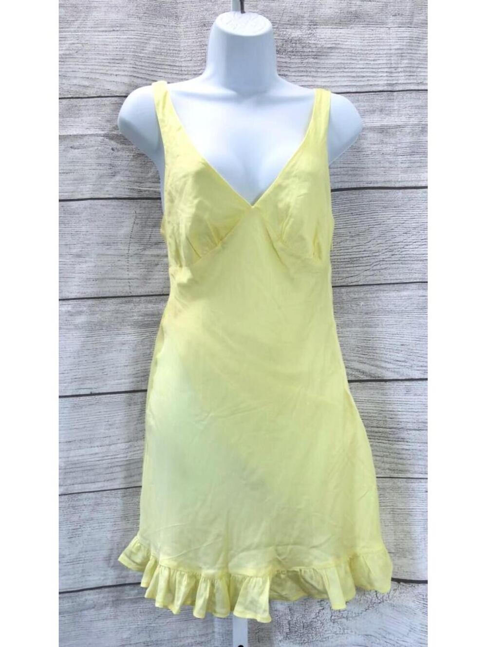VS PINK Yellow Summer Fling Satin Slip V-Neck Ruffled Hem Dress Size XS